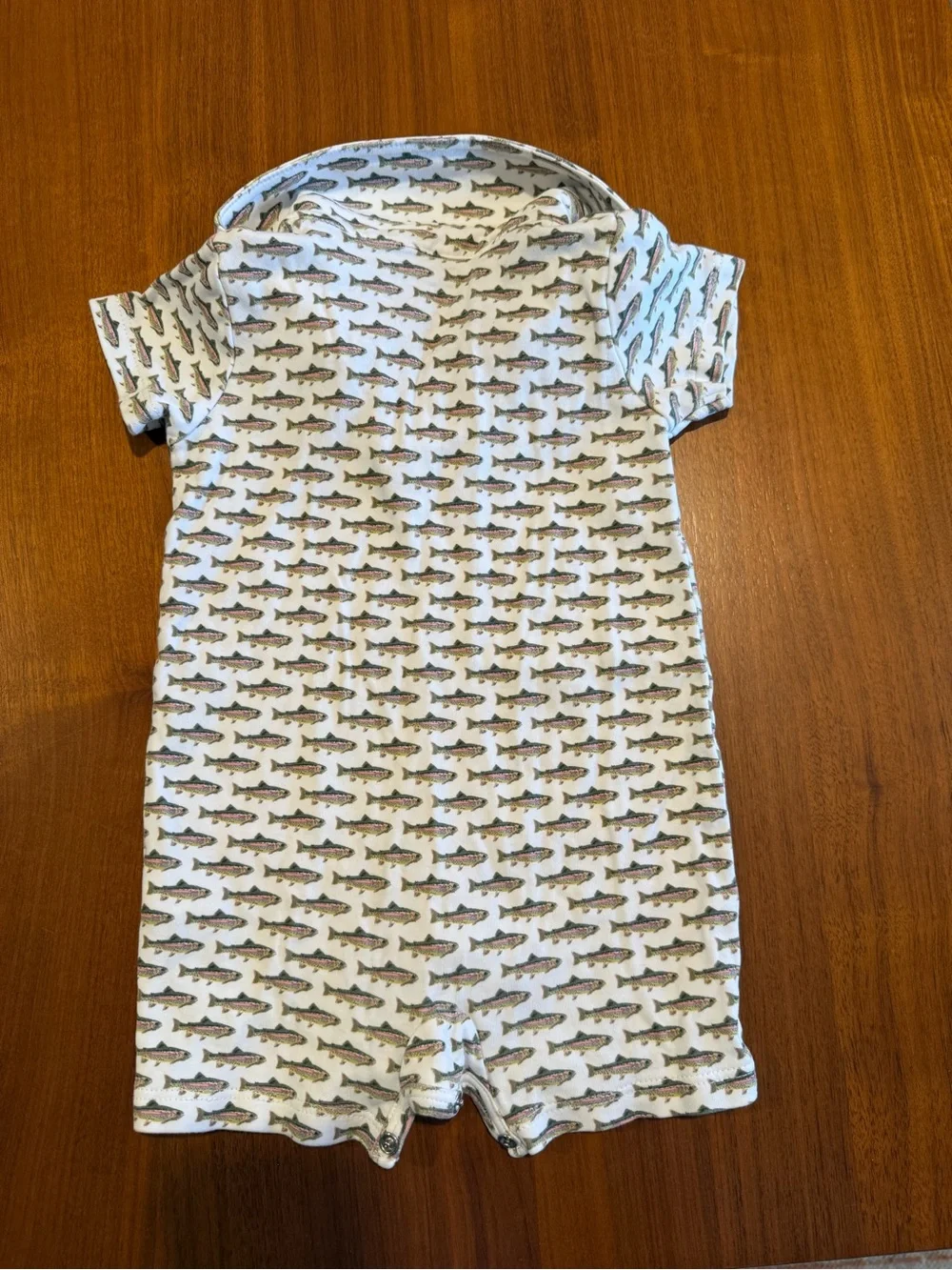 Lila & Hayes Baby Fish Print Polo Romper - White with Brown & Green Fish
